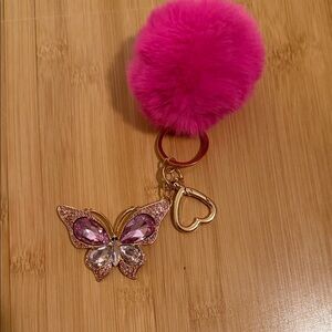 Pink Pom Pom with Butterfly Keychain
